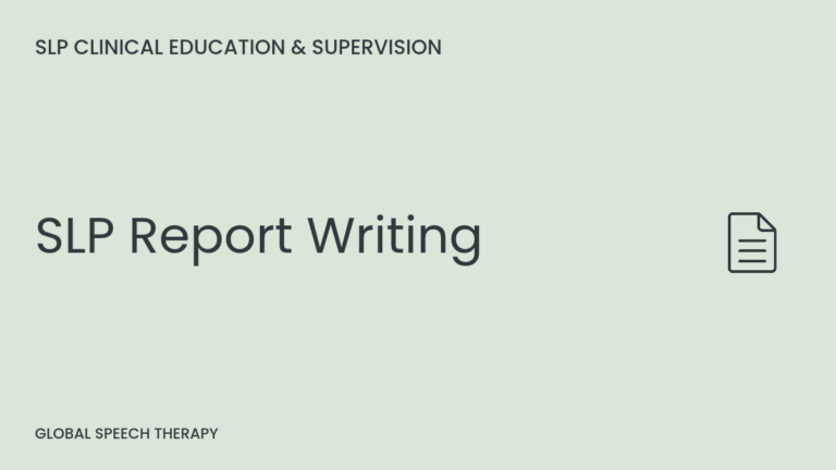 SLP Report Writing cover graphic with document icon