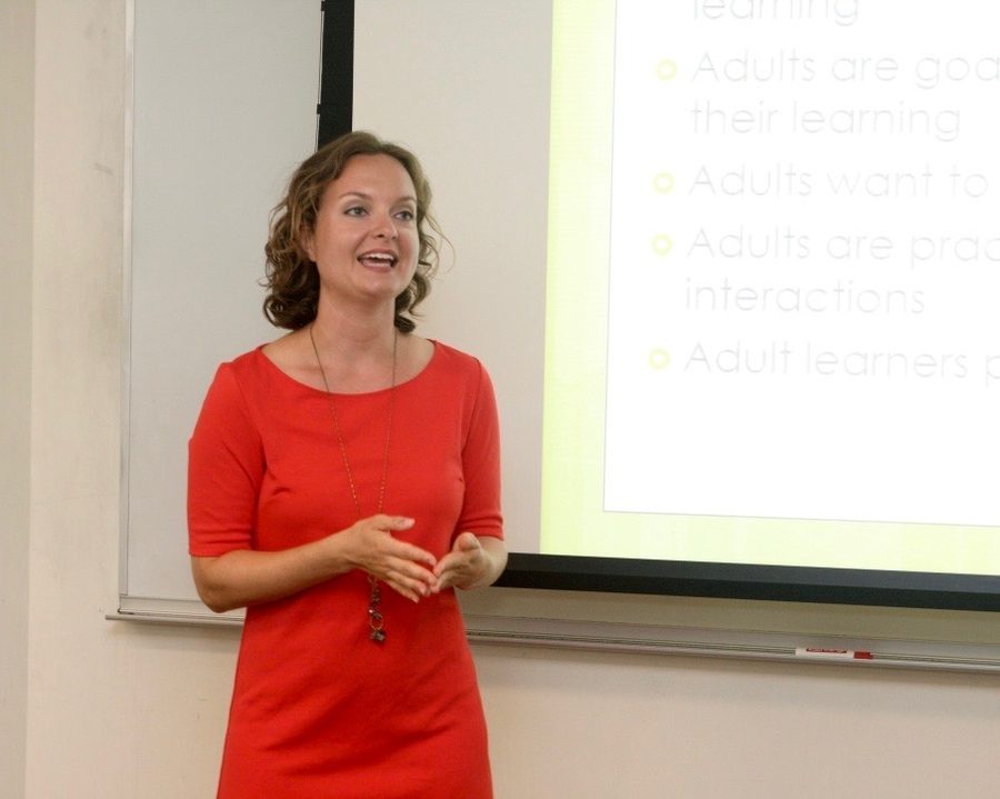 Kari Lim, Speech-Language Pathologist, presenting to a group